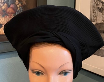 1940s Black Turban Hat with Stitched Detail