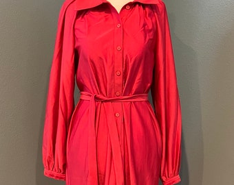 Size S-L - c.1970s/80s Schrader Sport Qiana Nylon Silky Shirtdress in Raspberry Red