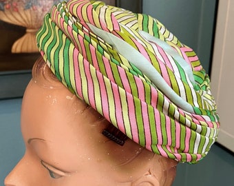 c.1960s/50s I Magnin Green and Pink Striped Turban Style Pillbox Hat