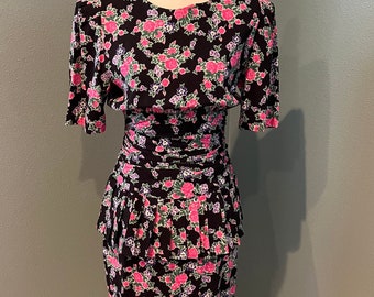 XS - 1980s does 40s Jane Singer Petite Rayon Floral Dress