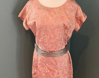 AS IS- 1950s/60s Champagne Lady Pink Satin and Silver Embroidery Dress