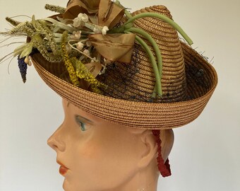 1930s/1940s Toy Peaked Straw Tilt Hat with Wide Elastic Strap