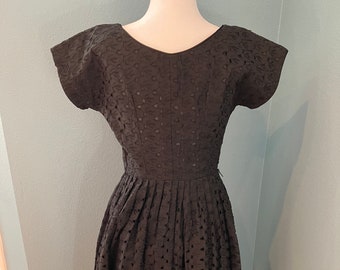 W 26 - 1950S Black Cotton Eyelet Dress with Full Skirt
