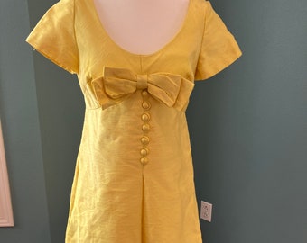 c.1960s Lisa Howard Lemon Yellow Silk Cocktail Dress with Bow Detail