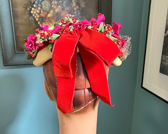 c.1950s Woven Crescent Hat with Veil, Flowers, and Red Ribbon