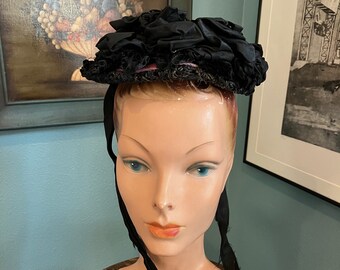 Victorian Black and Pink Bonnet with Beading and Sequins