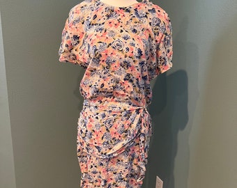 Small - 1980s does 40s Jane Singer Pink and Blue Rayon Floral Dress