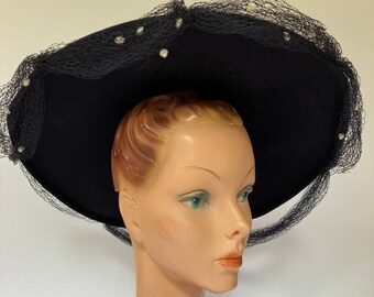 1940s Navy Felt Wide Brim Hat, Chenille Pom Poms, New York Creation