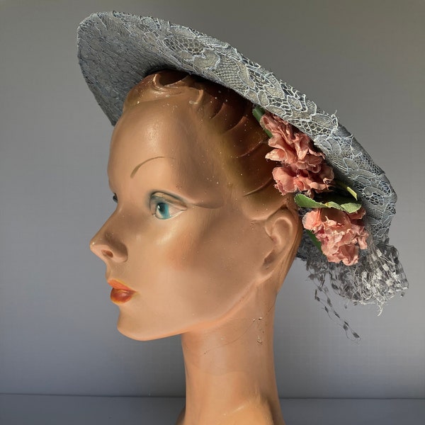 1940s or 1930s Blue Lace Wide Brim Hat with Flowers and Netting