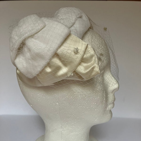 Vintage c.1950s Bridal White and Ivory Satin and Velour Half Hat with White Chenille Pom Pom Veil