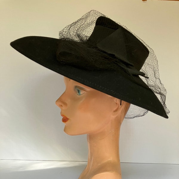 1940s New York Creation Black Felt 16 inch Wide Brim Hat with Mini Crown and Veiling