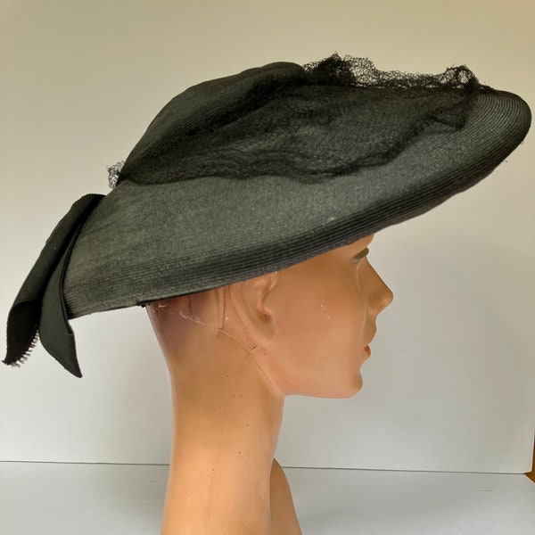 1930s/1940s Black Wide Brim Hat with Interior Crown and Wide Elastic Strap