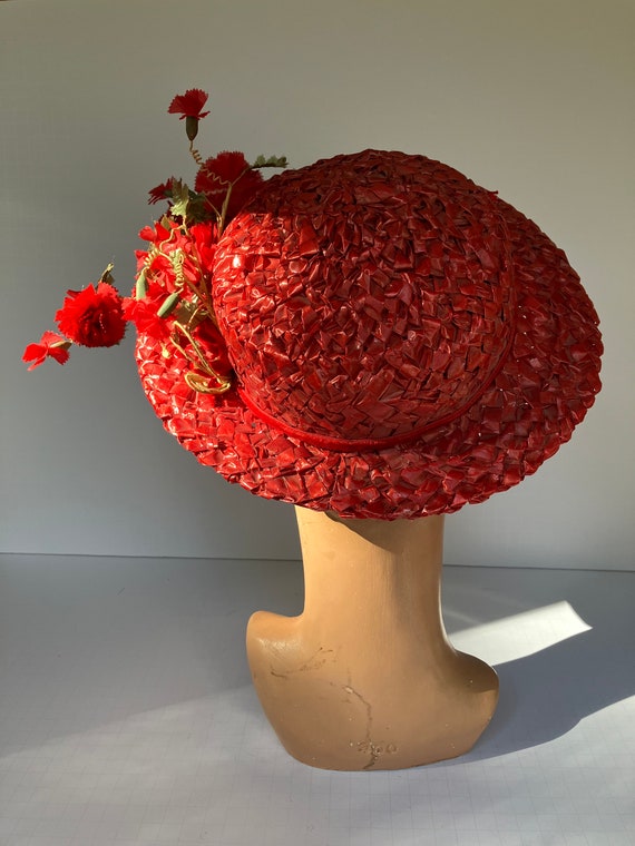 c. 1950s Red Candy Straw Wide Brim Hat with Poppy… - image 8
