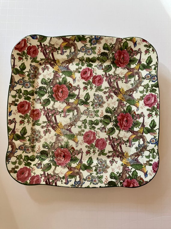 Bridgwood Made in England Antique Chintz Floral and Birds Square Plate