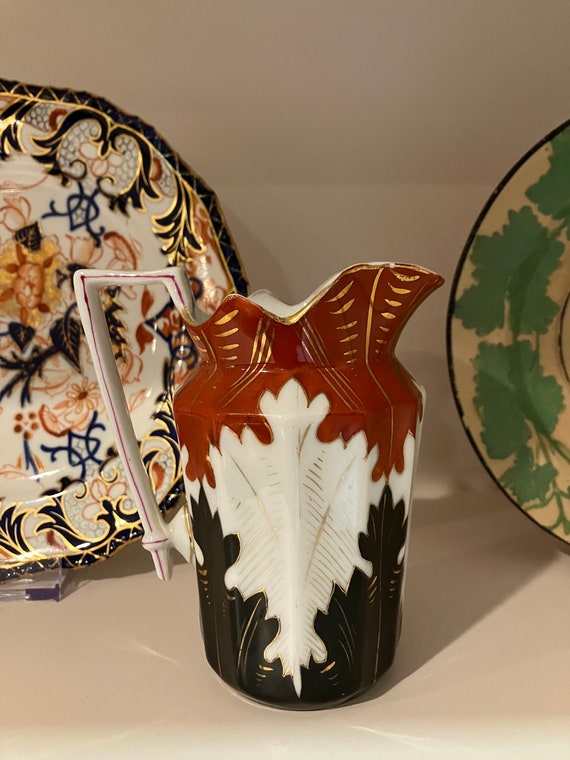 19th Century? Handpainted Orange and Black Creamer Pitcher Unmarked
