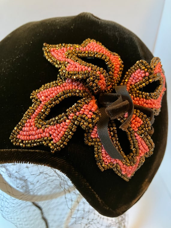 Vintage c. 1950s Dark Brown Velour Cap with Pink and Brown Beading and Brown Veil. Includes Hat Pin.