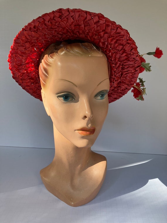 c. 1950s Red Candy Straw Wide Brim Hat with Poppy… - image 2