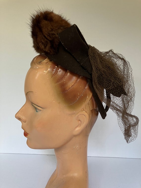 1940s New York Creation Brown Fur and Wool Tilt Hat with Sequins and Veil