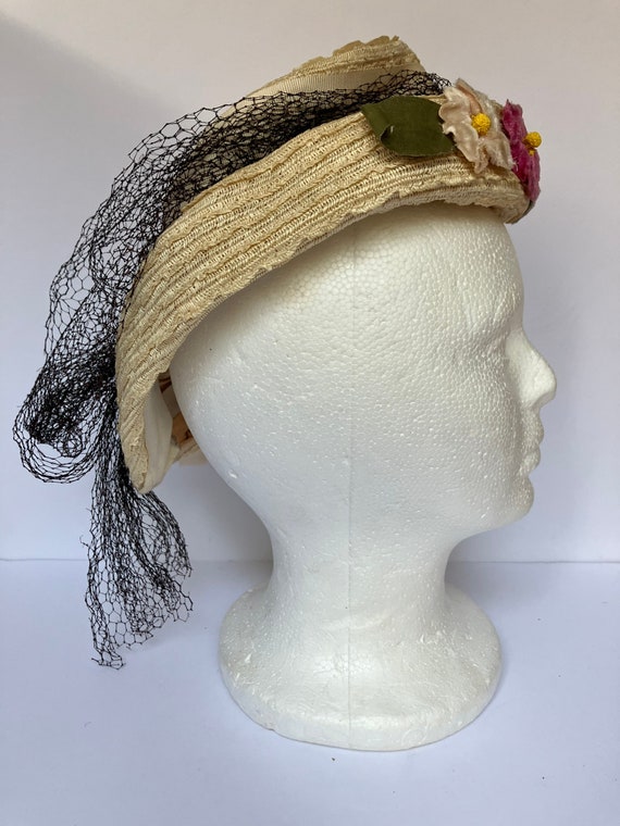 Carol Brent Classic c.1940s Straw Tilt Hat with Floral Embellishment