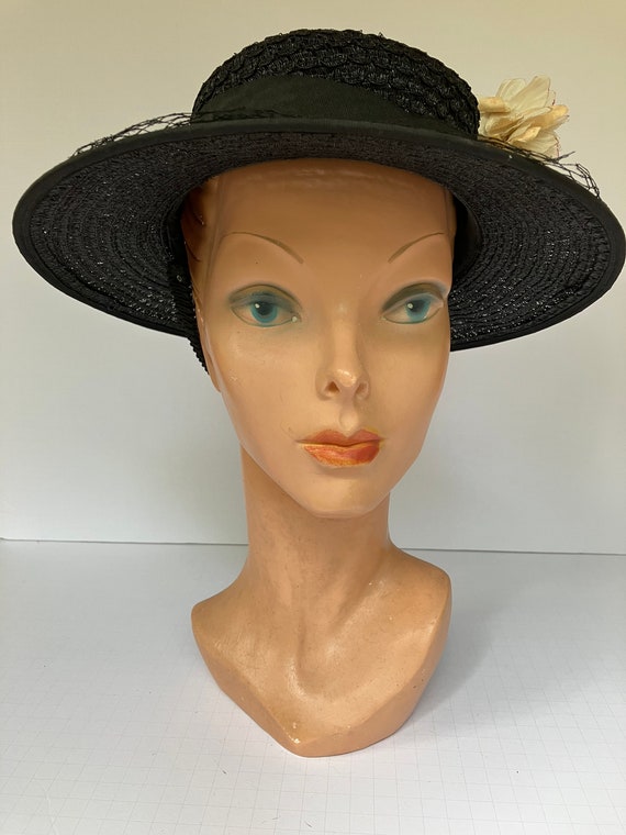 1930s-1940s Black Woven Wide Brim Hat with Millin… - image 3