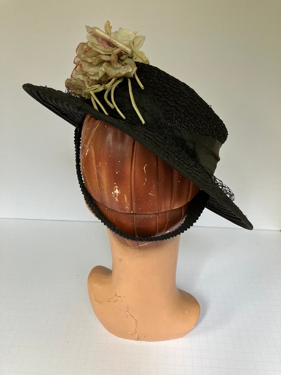 1930s-1940s Black Woven Wide Brim Hat with Millin… - image 8