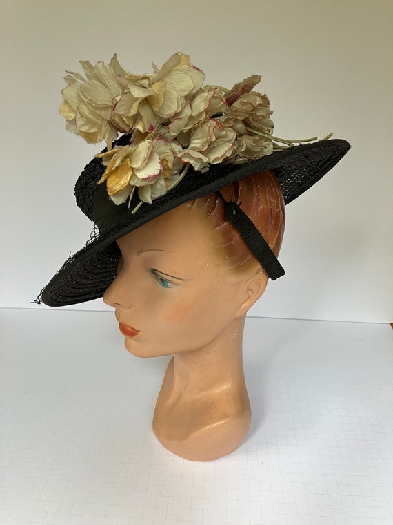 1930s-1940s Black Woven Wide Brim Hat with Millin… - image 7