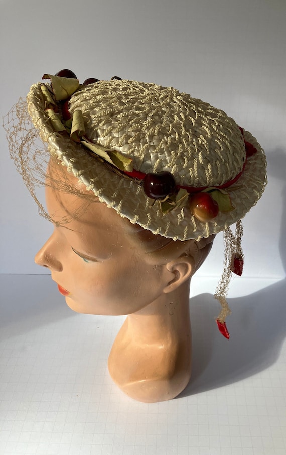 c.1950s Straw Hat with Brim, Red Cherries and Clamps from Chas Stevens Chicago
