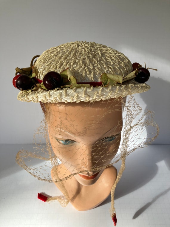 c.1950s Straw Hat with Brim, Red Cherries and Cla… - image 3