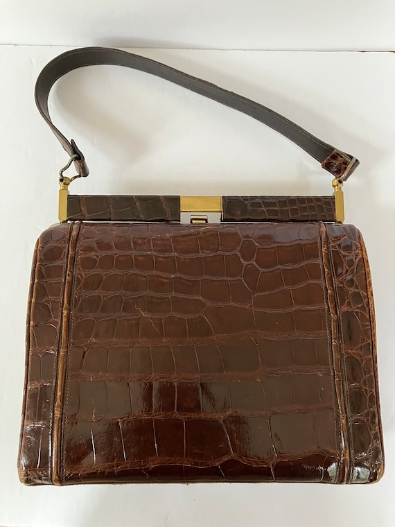 c.1940s/50s Brown Patent Embossed Leather Alligat… - image 1