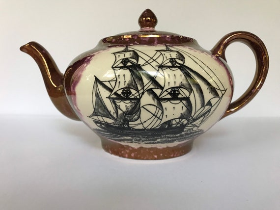 Gray's Pottery Pink Lustreware Clipper Ship Tea Pot Hand Painted England