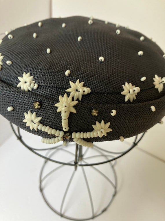 c. 1950s Navy Hat Beaded with White Star Beads