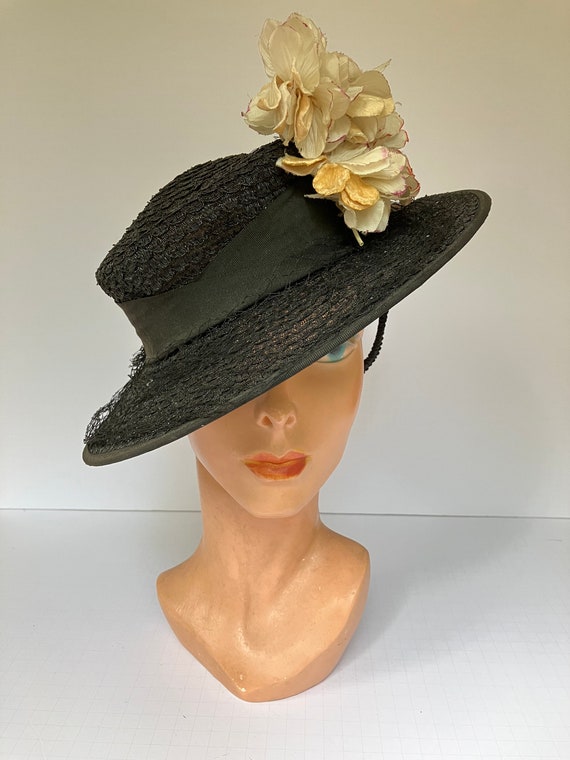 1930s-1940s Black Woven Wide Brim Hat with Millin… - image 2