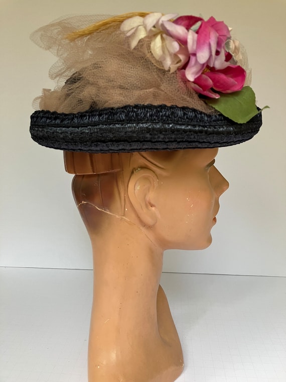c.1940s-50s Navy Blue Woven Hat with Millinery Flowers and Netting