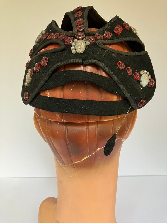 c.1930s? Bejeweled Black Felt Skull Cap with Cut O