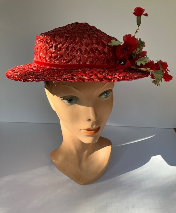 c. 1950s Red Candy Straw Wide Brim Hat with Poppy… - image 7