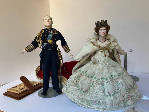 Peggy Nisbet Tower Treasures Queen Elizabeth II in Coronation Robes and Prince Philip Bone China Porcelain Dolls **See notes on Condition**