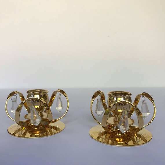 Lycenta Sweden Pair of Gold Plated and Crystal Candleholders