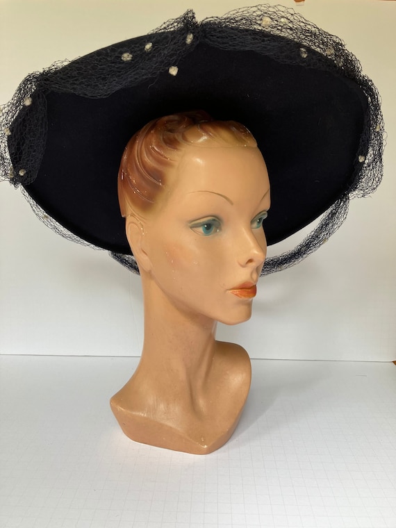 1940s New York Creation Navy Wide Brim Felt Hat with Netting and White Chenille Pom Poms from Martha Gene