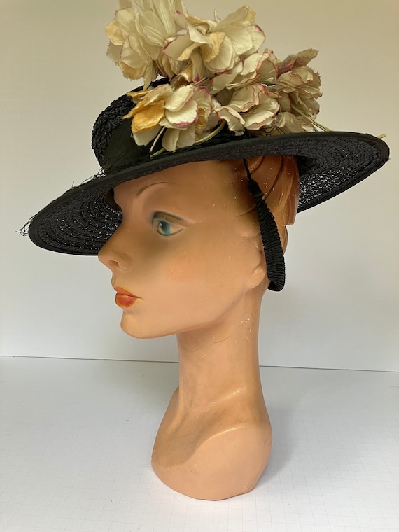 1930s-1940s Black Woven Wide Brim Hat with Millinery Flowers and Elastic Strap