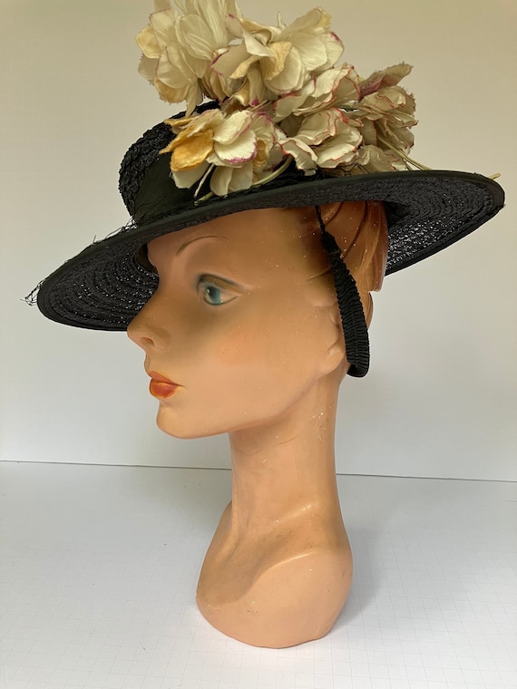 1930s-1940s Black Woven Wide Brim Hat with Millin… - image 1