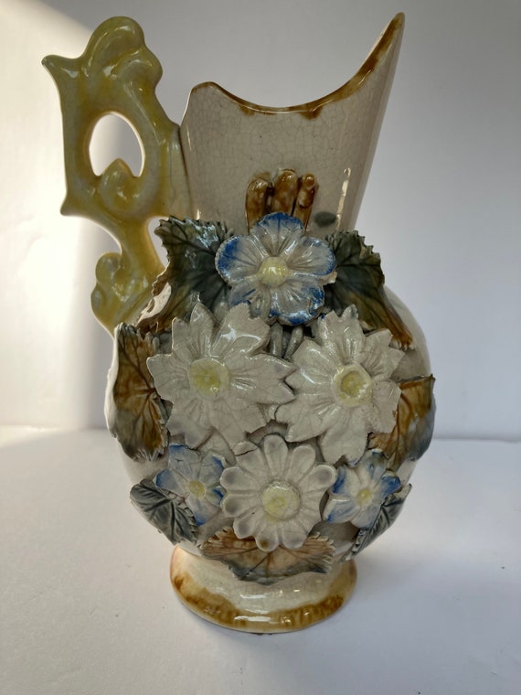 Antique Victorian Majolica Floral Pitcher