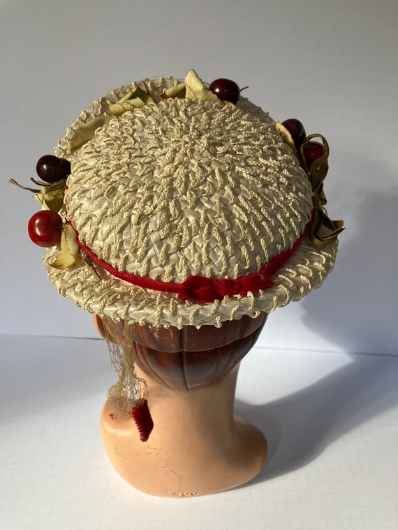 c.1950s Straw Hat with Brim, Red Cherries and Cla… - image 2