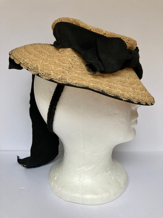 Vintage 1940s Lacy Straw Tilt Hat with Black Bow a
