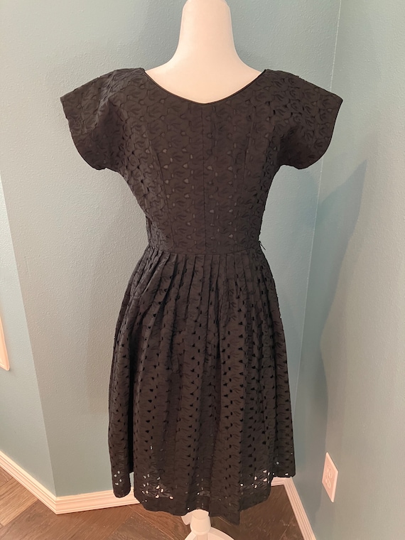 W 26 - 1950S Black Cotton Eyelet Dress with Full S