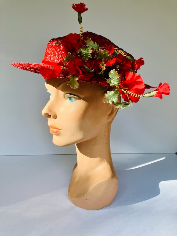 c. 1950s Red Candy Straw Wide Brim Hat with Poppy Flowers