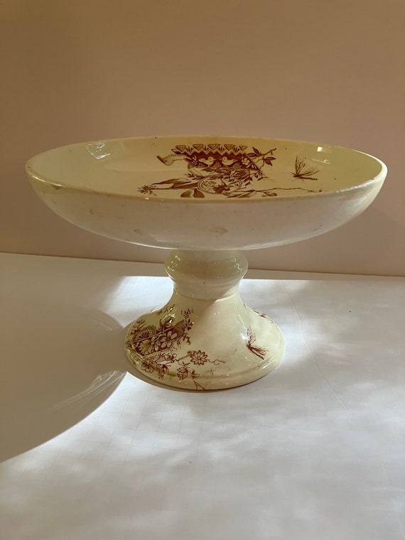 Shaw Java Pattern Aesthetic Movement Brown Transferware Footed Pedestal Bowl