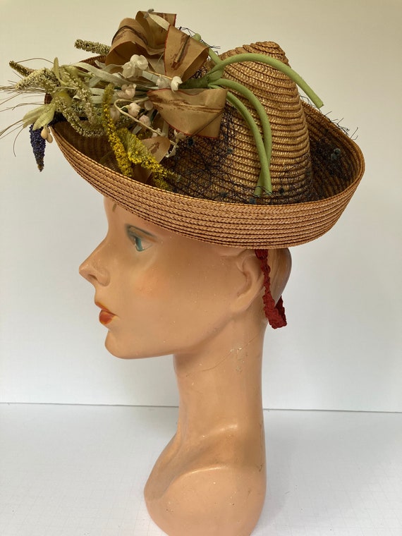 1930s/1940s Toy Peaked Straw Tilt Hat with Wide Elastic Strap
