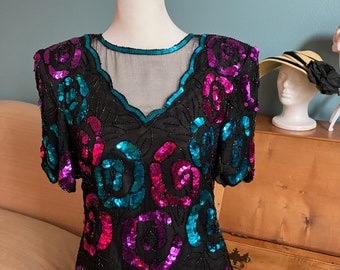 Size S - Leslie Fay Floral Sequin Silk Blouse