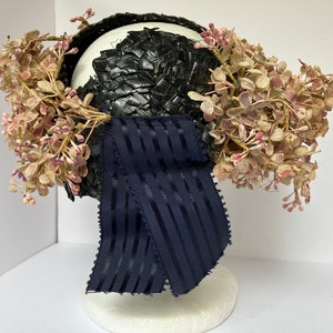 Edward Paine 1940s Black Straw Open Crown Hat with Millinery Flowers