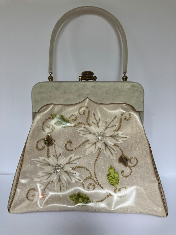 Fabulous 1950s Plastic Overlay Embroidered Floral Han… - Gem